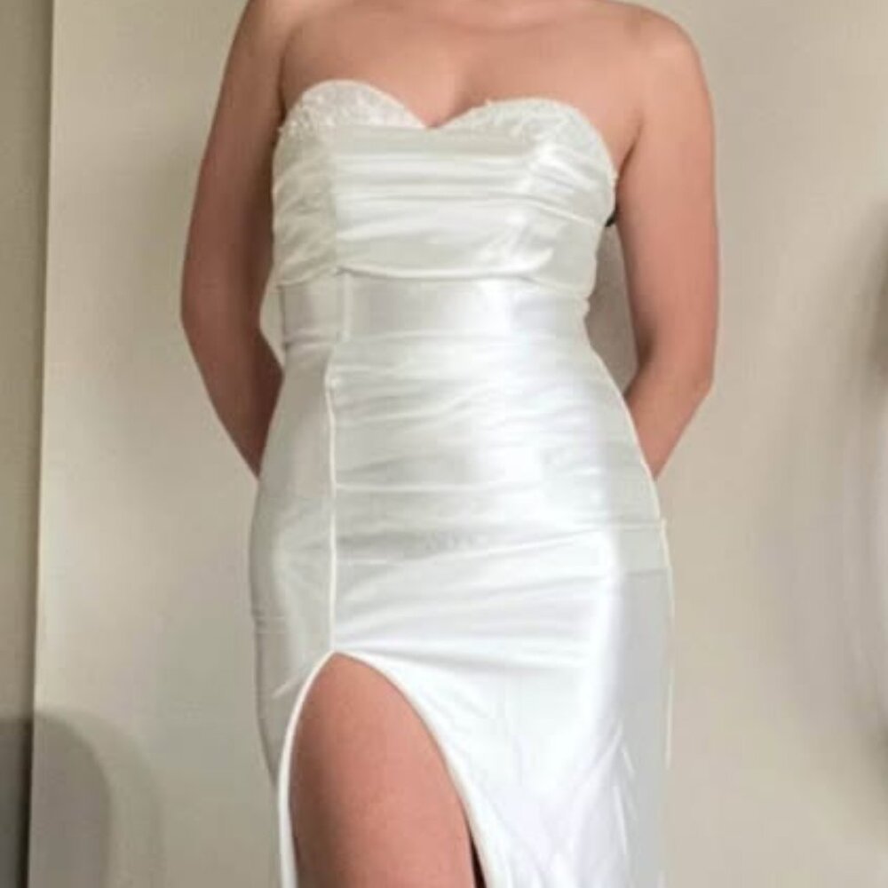 White Satin Strapless Slit Gown – Formal/Bridal/Prom Dress